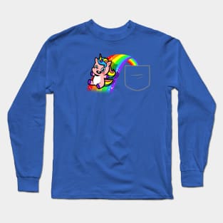 Kawaii Cute Unicorn Cartoon Sliding On Rainbow Pocket Design Long Sleeve T-Shirt